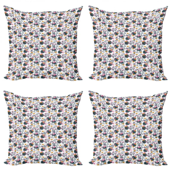 Tropical Throw Pillow Cushion Case Pack of 4, Monstera Leaves with Hibiscus Petals Bird of Paradise Exotic Foliage Flowers Print, Modern Accent Double-Sided Print, 4 Sizes, Multicolor, by Ambesonne