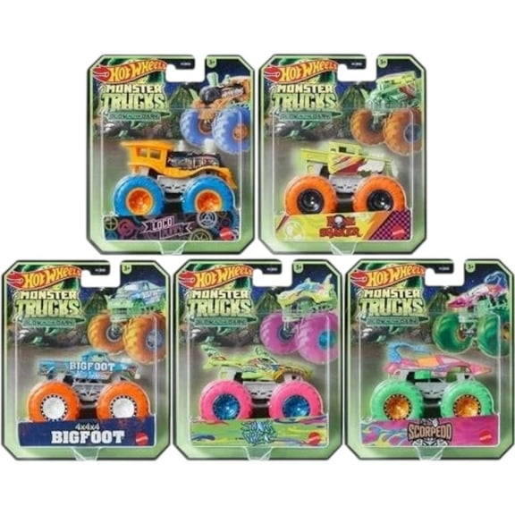 Hot Wheels Monster Trucks Glow in The Dark Collection, 5-Pack Set, Shark Wreck, Bigfoot, Bone Shaker, Scorpedo, Loco Punk