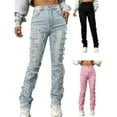thumbnail image 4 of Women's Stacked Patches Jeans Slim Fit Ripped Jeans Destroyed Straight Denims Pants Hiphop Trouser Streetwear, 4 of 8