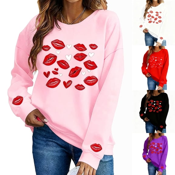 Xdegoge Valentine Sweatshirt for Women Cute Playful Vintage Lip Print Pullover Casual Loose Long Sleeve Pullovers Fashion Sweet Holiday Costumes