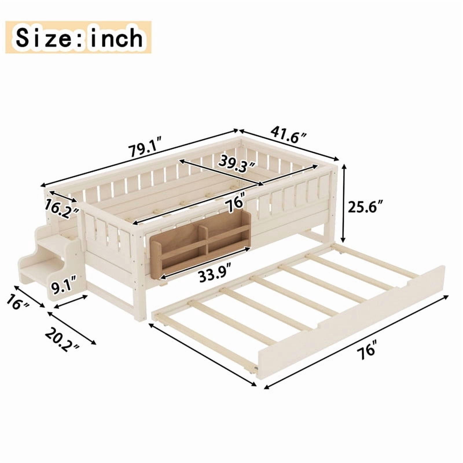 Bellemave Twin Bed with Trundle and Small Stairs, Twin Size Platform Bed Frame with Rail and Bookshelf, Wooden Montessori Floor Bed No Box Spring Needed,Beige
