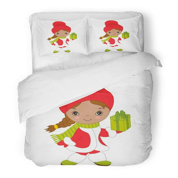 RYLABLUE 3 Piece Bedding Set Colorful Beautiful Cute Little American Girl with Box Christmas Green Boots Twin Size Duvet Cover with 2 Pillowcase for Home Bedding Room Decoration