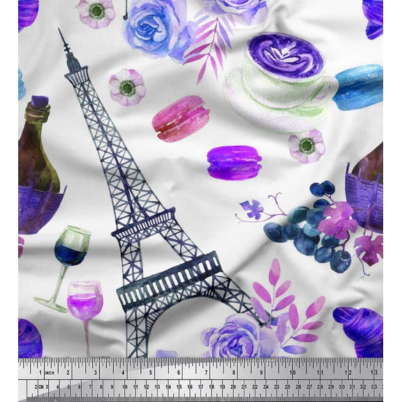 Soimoi Moss Georgette Fabric Eiffel Tower,Floral & Wine Glass Fashion Printed Craft Fabric by The Yard 42 Inch Wide