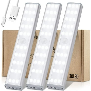 Meromore 30 LED Under Cabinet Lights, USB Rechargeable Closet Lighting kit with Motion Sensor and Magnetic Strip for Wardrobe, Kitchen Wireless Lighting, 3 Pack