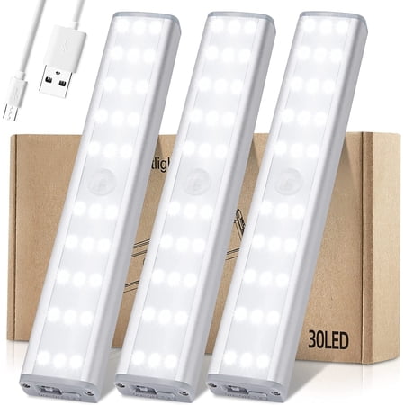 Meromore 30 LED Under Cabinet Lights, USB Rechargeable Closet Lighting kit with Motion Sensor and Magnetic Strip for Wardrobe, Kitchen Wireless Lighting, 3 Pack
