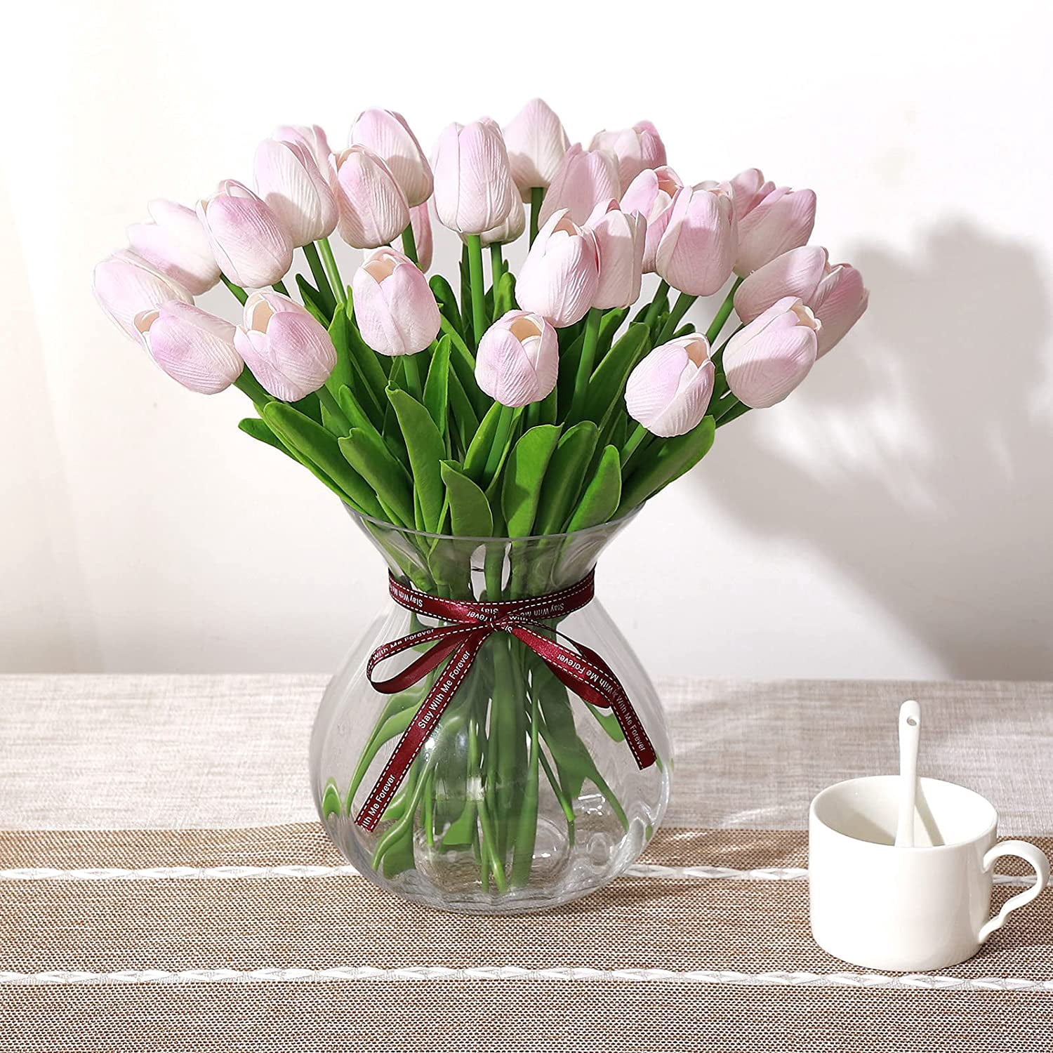 White Artificial Flowers 20 Pcs Faux Tulips PU Real Touch Fake Flowers for Home Office Wedding Decor Arrangement Bouquet Faux Flowers for Decoration