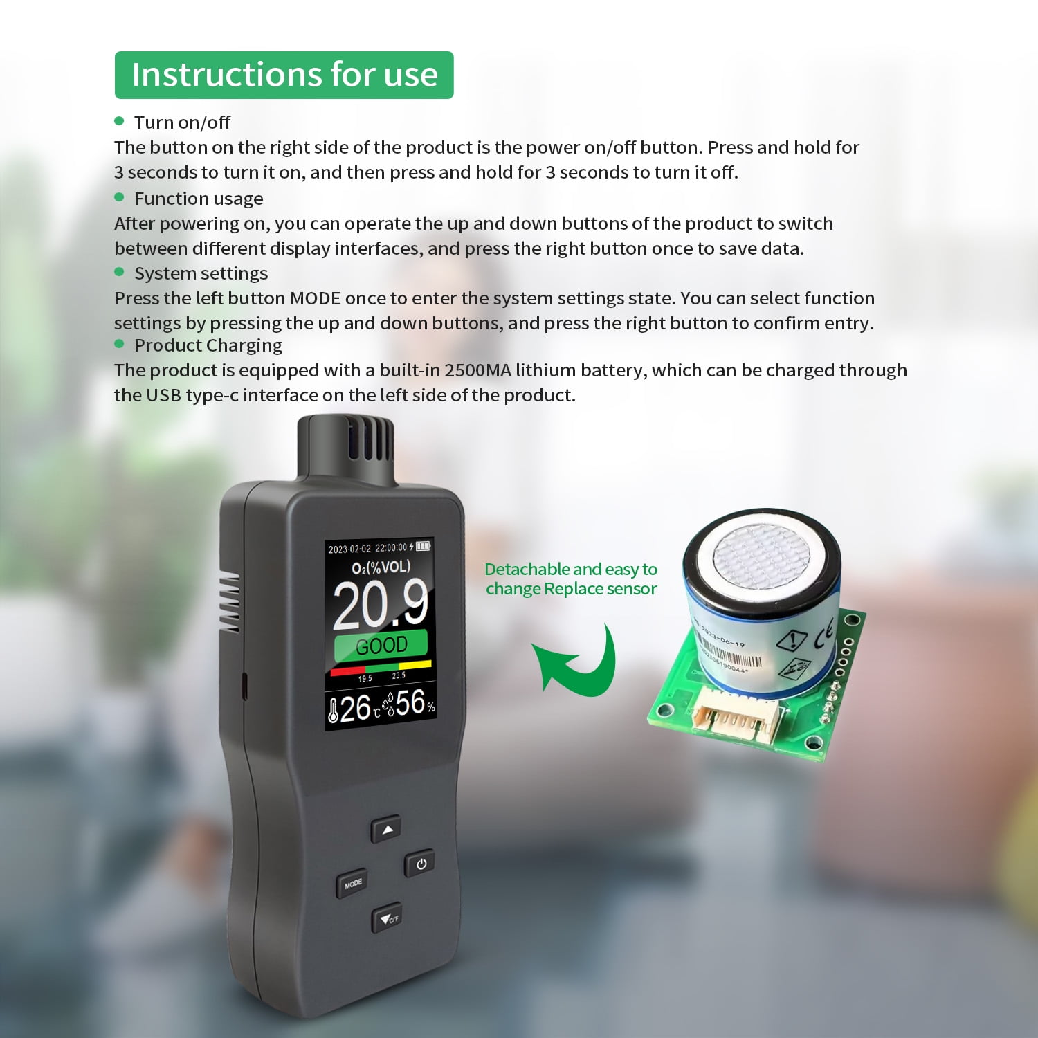 Gas alarm,- Ideal O2 Tester Handheld Air - Usb O₂ Tester Handheld O₂ Car - Usb Portable Temperature And Alarm Lcd Use Air Car Ideal Car Color Lcd Tester Alarm Car Office Alarm Usb Tft Color