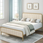Homfa Full Size Platform Bed Frame, Round Metal Tube Heavy Duty Bed Frame with Tufted Upholstered Headboard, Gold and Beige