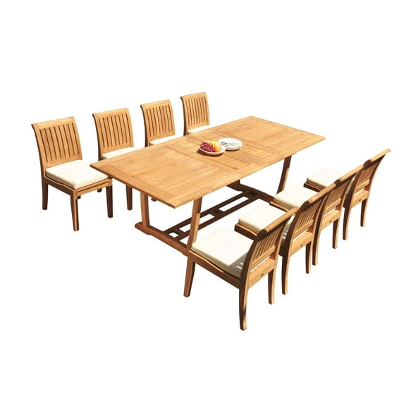 Grade-A Teak Dining Set: 8 Seater 9 Pc: 94" Double Extension Mas Rectangle Trestle Leg Table And 8 Lagos Armless Chairs WholesaleTeak #WMLG29