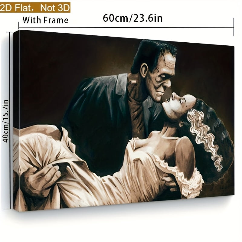 2D Flat Framed 2D Plane, 1 Wood Framed Canvas Painting Frankenstein and His Bride Halloween Art Print, Dark Academia Gothic Wall Decoration, Classic Horror Theme, Neutral Color Palette,