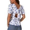 thumbnail image 3 of INSPIRE CHIC Women's Self Tie Back Summer Casual Puff Sleeve Round Neck Floral Blouse Top L White Blue, 3 of 6