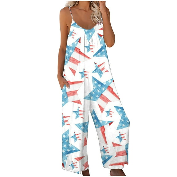 Summer Savings Clearance! Edvintorg 4Th Of July Womens Jumpsuits Strapless Fashion Women Casual Sexy One Pieces Sleeveless Printing Wide Leg Pants Jumpsuits Light Blue M