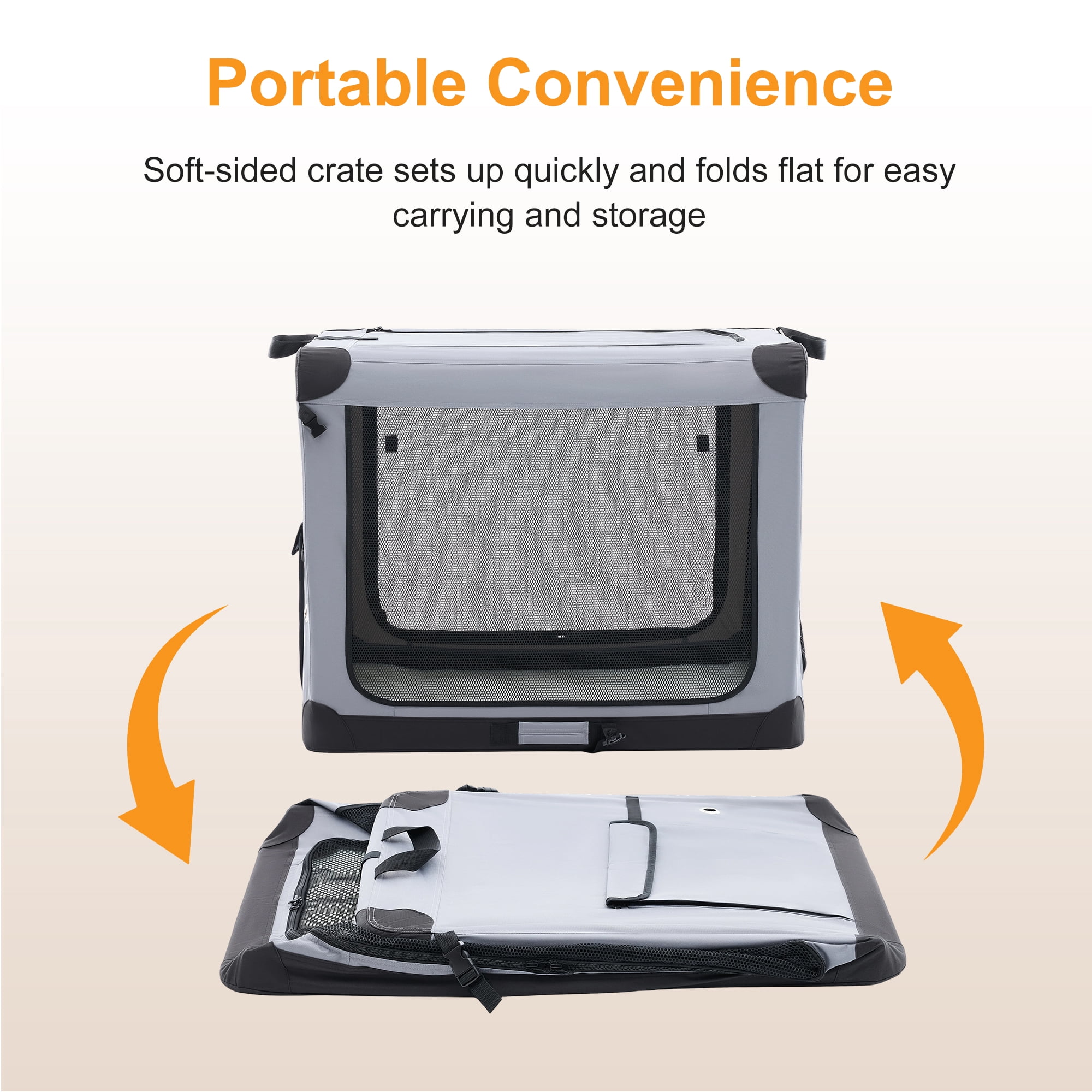 Sweetcrispy Portable Soft-Sided Dog Crate, Folding Travel Kennel with 3 Doors & Storage Pocket, Lightweight Oxford Fabric, Gray, 30 lb Limit