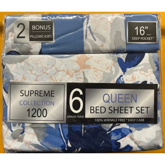 Supreme Collection 1200 Extra Deep 6 Piece Queen Size Sheet Set, Blue Floral