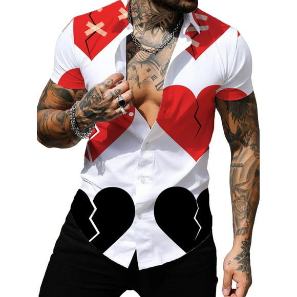 Sunloudy Men's Valentine's Day Shirt, Heart Print Short Sleeve Lapel Button-Down Beach Casual Tops