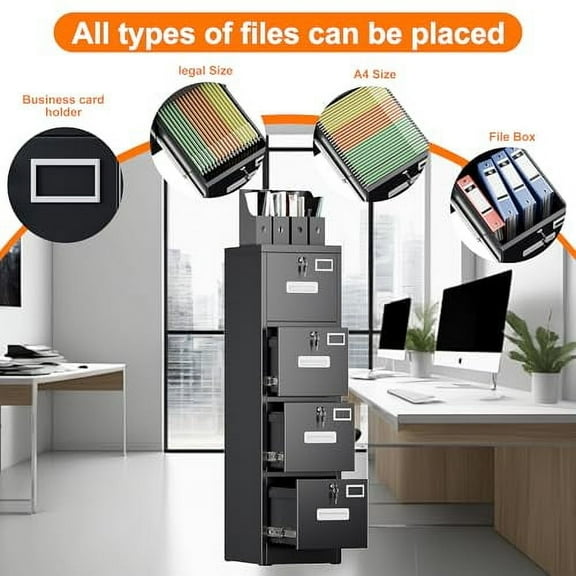4 Drawer File Cabinet, Metal Vertical Black Filing Cabinets with Lock for Home Office with Name Card Holder for Letter/Legal/A4/F4 Size (Assemble Required)