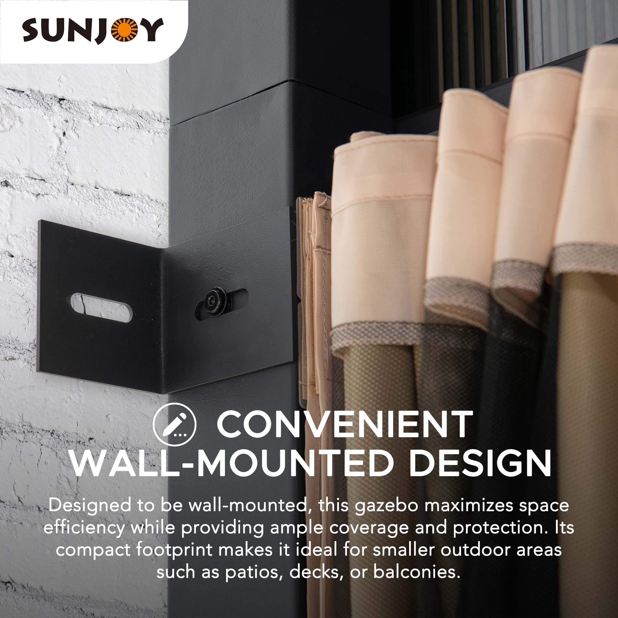 Sunjoy 10 x 12 ft Wall Mounted Gazebo with Polycarbonate Roof, Black Aluminum & Metal Frame Lean to Gazebo with Curtains and Netting