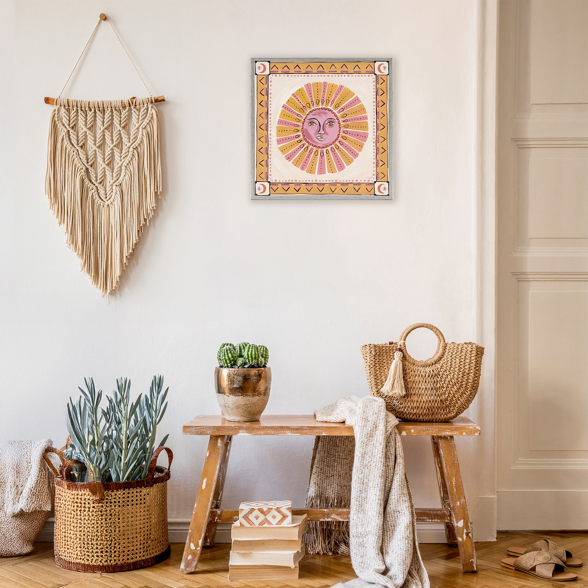 Stupell Industries Pink Sun Face with Geometric Border Gray Framed Giclee Art, design by Two If By Sea Studios