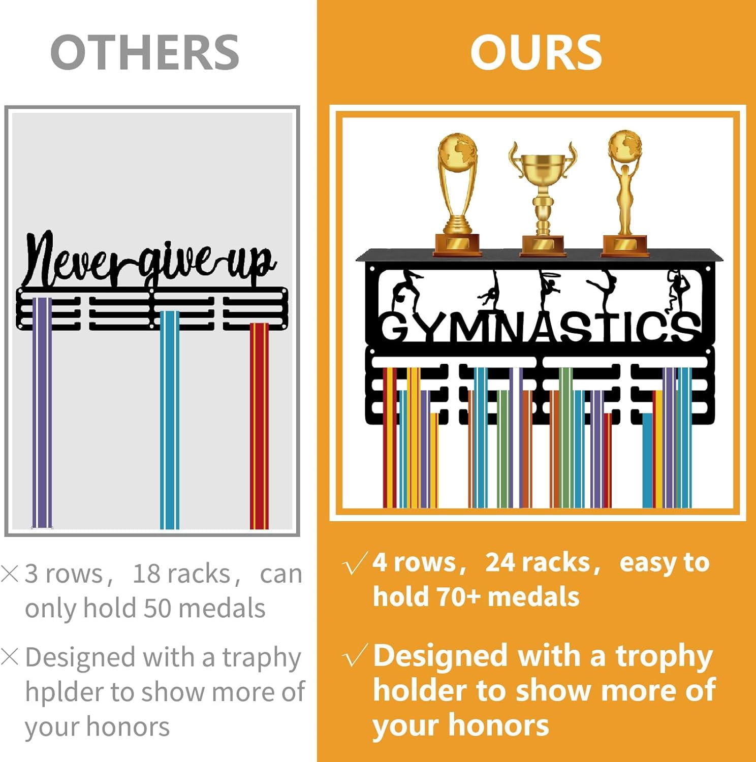 Gymnastics Medal Holder Trophy Shelf Medal Hanger Display with Shelf Stand Sports 4 Rows Wall Mount Hold 70+ Medals for Women Gymnastics Soccer Running Swimming Awards Rack 15.7 x 7.9 Inch DIY Making