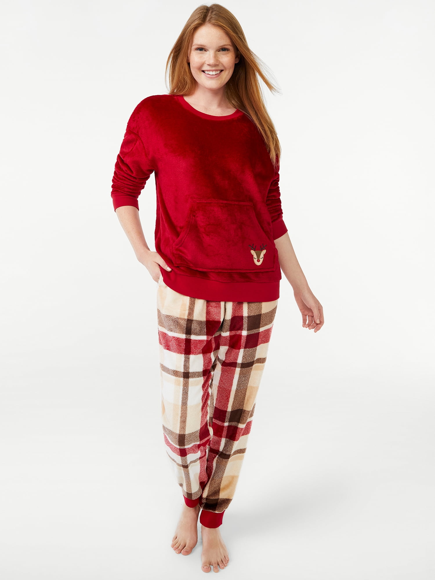 Joyspun Women's Plush Long Sleeve Top and Pants Pajama Set, 2-Piece, Sizes XS to 3X
