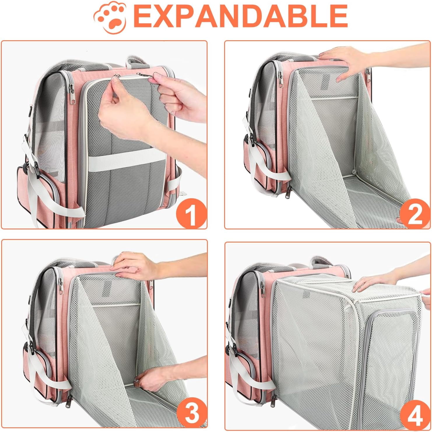 DENZUS Pet Backpack, Expandable Travel Carrier for Medium Cats and Small Dogs up to 17 lbs, Breathable Collapsible Bag for Hiking – Pink