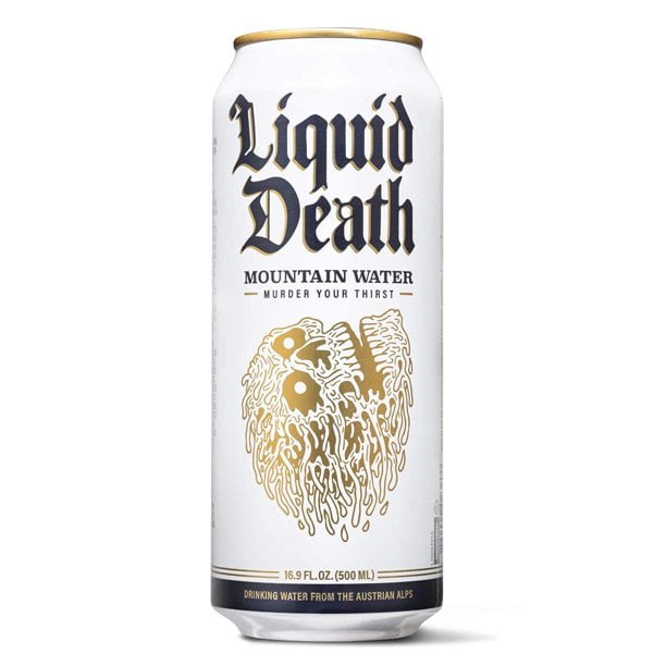 Liquid Death 100 Mountain Water, 16.9 Fl Oz, Quantity of 6 Count Cans