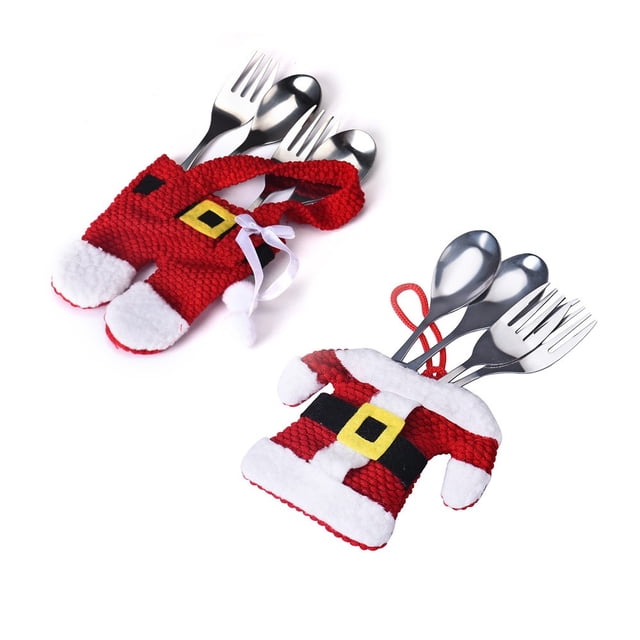 Fiudx Portacubiertos de Papá Noel, Rojo Festivo, No Tejido, Diseño de Bolsillo Decorativo, Decoración para La Mesa, Celebración Navideña, Juego de 1 Par, 10 X 13 Cm, 10 X 8 Cm