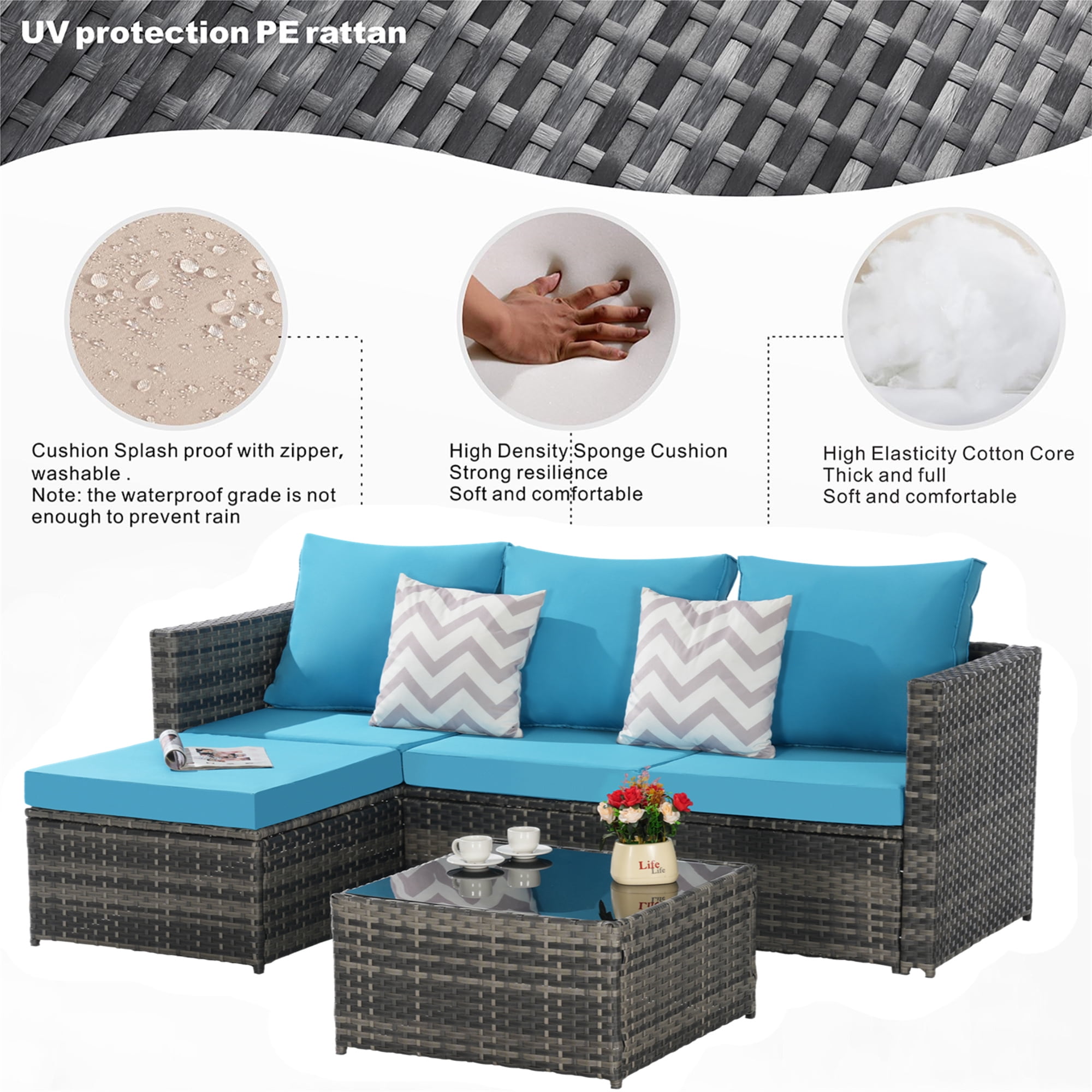 Aukfa Outdoor Patio Furniture Set - L shape Wicker Sectional Sofa with Coffee Table - Light Blue Cushions