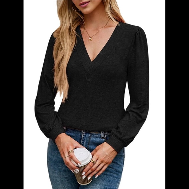 Camiseta Informal de Larga con Cuello en V y para Mujer, Color Liso Negro M