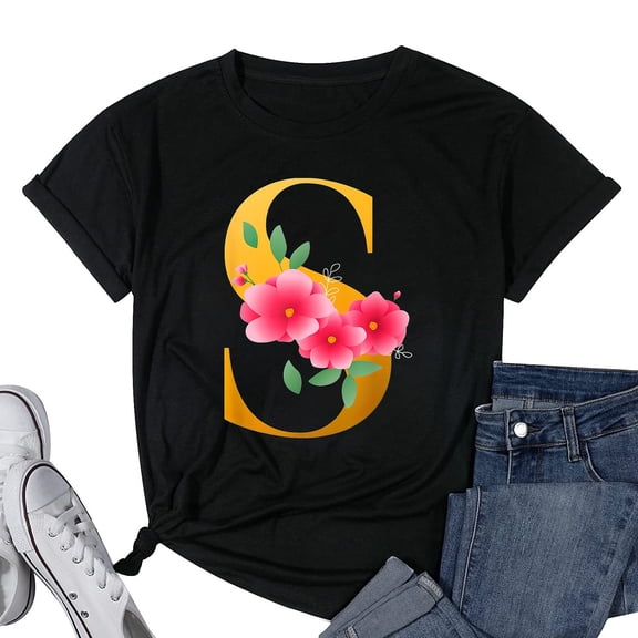 Womens Floral S Alphabet Cute Initial Monogram Letter S Graphic T-Shirt Black Small