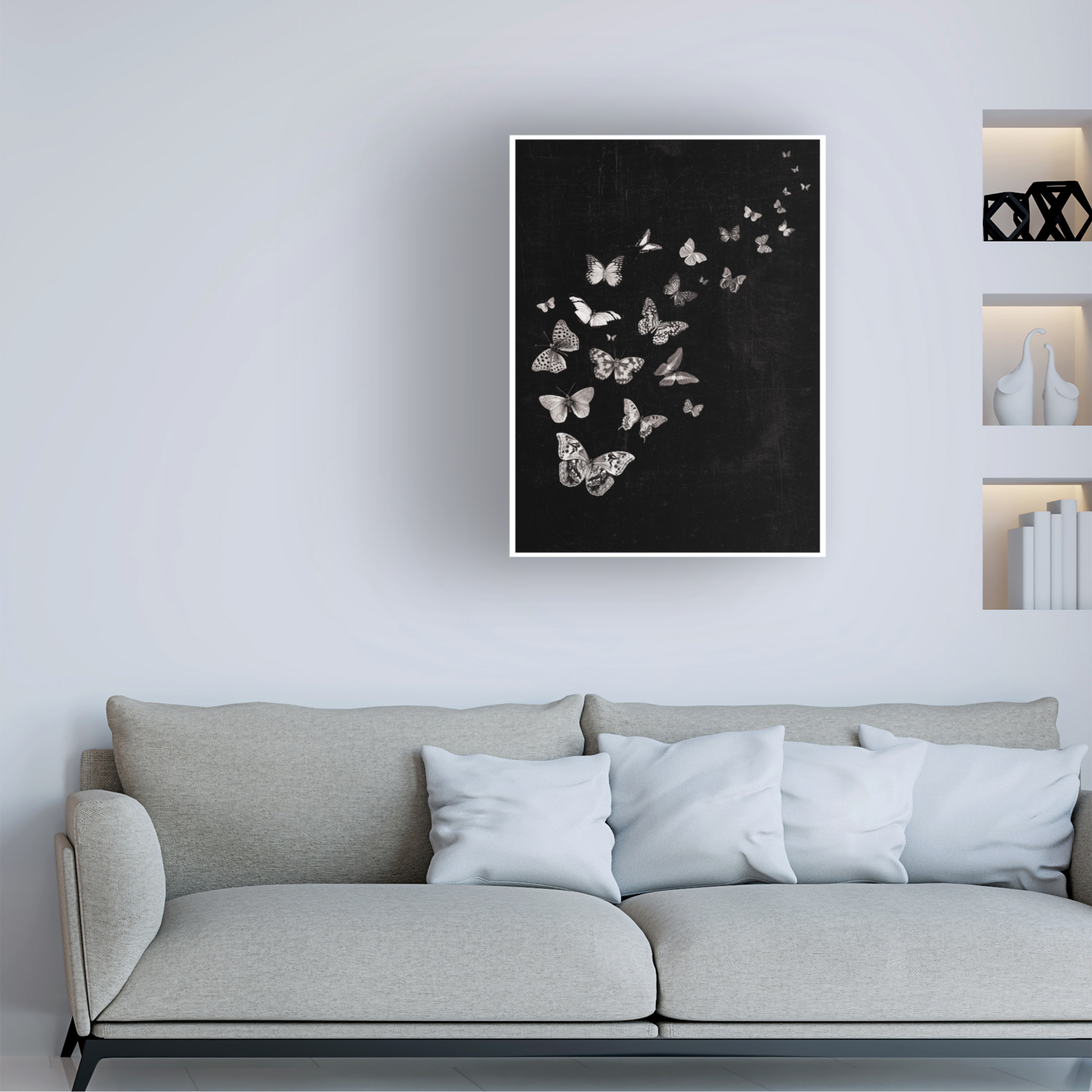 Canvas Wall Art - Tom Quartermaine 'Flying Butterflies Black and White Print' Wall Art for Living Room, Bedroom, or Office Décor by Trademark Fine Art - 24 x 32 Inches