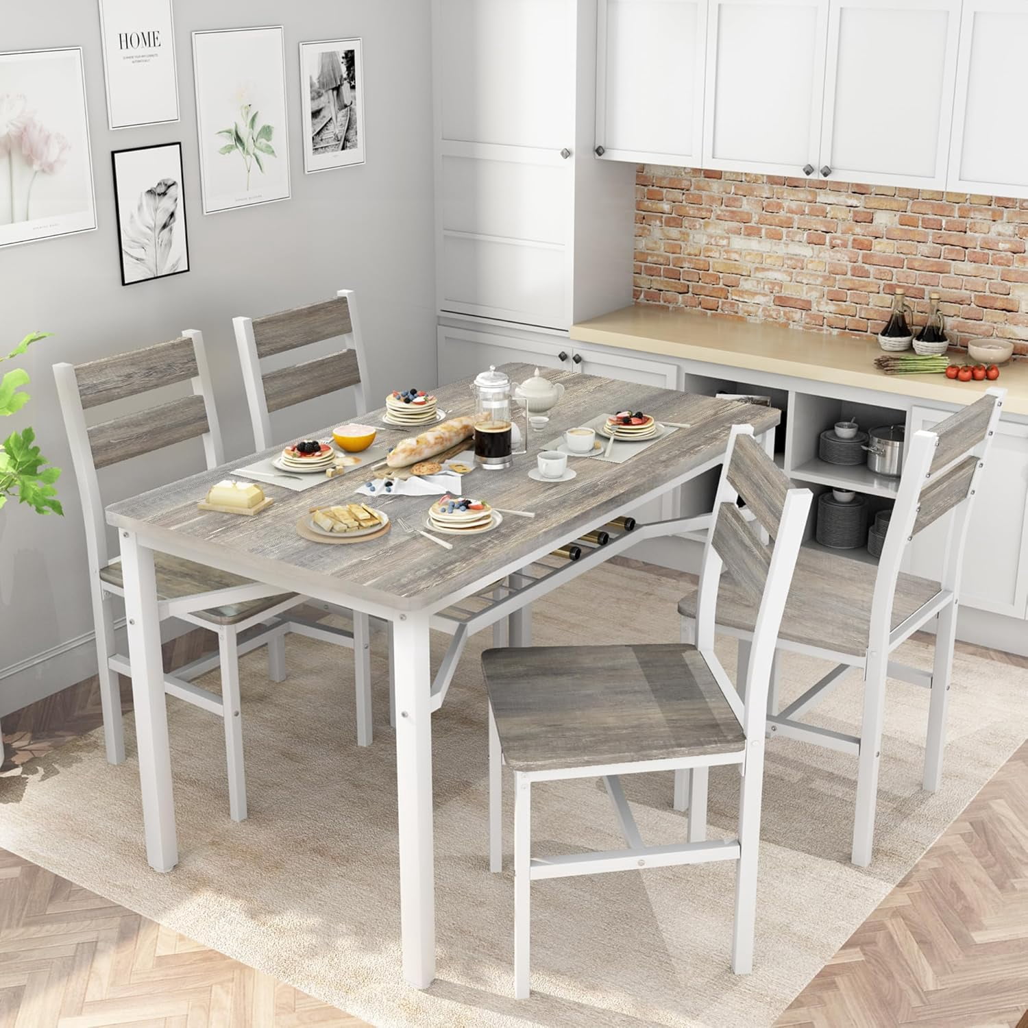 LinkRomat Dining Table Set for 4, Farmhouse Kitchen Table with 4 Wood Chairs, Dining Room Set for Breakfast Nook, Small Places, Restaurant, Gray