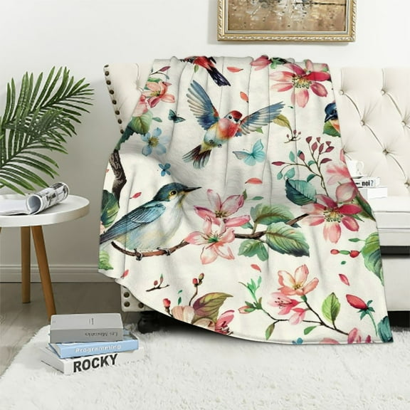 JRXY Bird Hummingbird Floral Blanket Gifts for Women Soft Warm Lightweight Cozy Pink Spring Flower and Birds Throw Blankets for Bed Living Room Sofa Couch Birthday Valentines Day Decor White