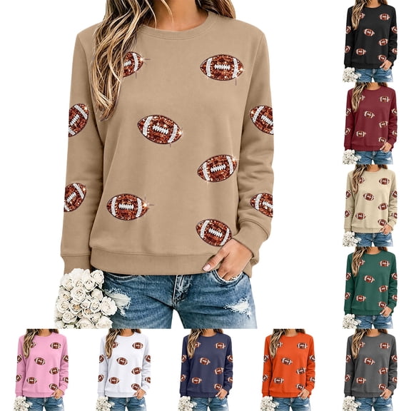 BODOAO Women's Football Sweatshirt Long Sleeve Crew Neck Graphic Pullover with Ribbed Cuffs and Hem Relaxed Loose Fit Casual Game Day Top for Fall Winter Sports Fans Khaki 3XL