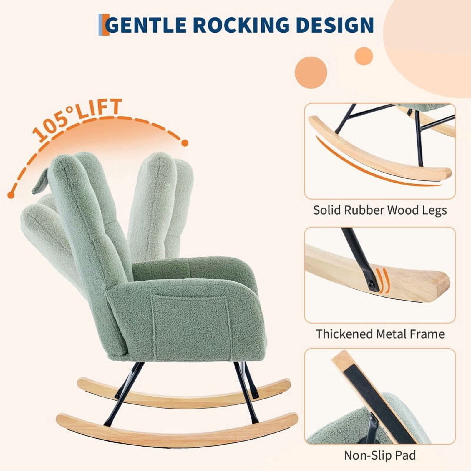 TROPOW Rocking Chair, Teddy Upholstered Glider Rocker, Nursery Glider Rocker with Wood Legs & Dual Side Pockets, Nursery Rocking Chair for Living Room, Bedroom