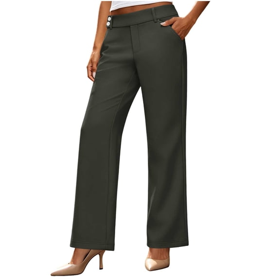 Women's Straight Leg Dress Pants, Button Zip Front, Back Elastic, Side Pockets, Relaxed Fit