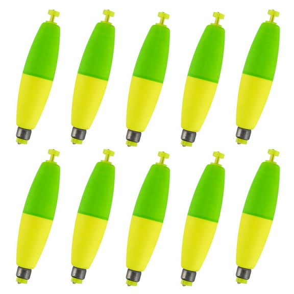 Dr.Fish 10 Pack Cigar Fishing Bobbers Weighted Bobbers Snap-On Spring Floats EVA Foam Fly Freshwater Boat Fishing for Bass Trout Panfish Bluegill 3" Green/Fluorescent Yellow