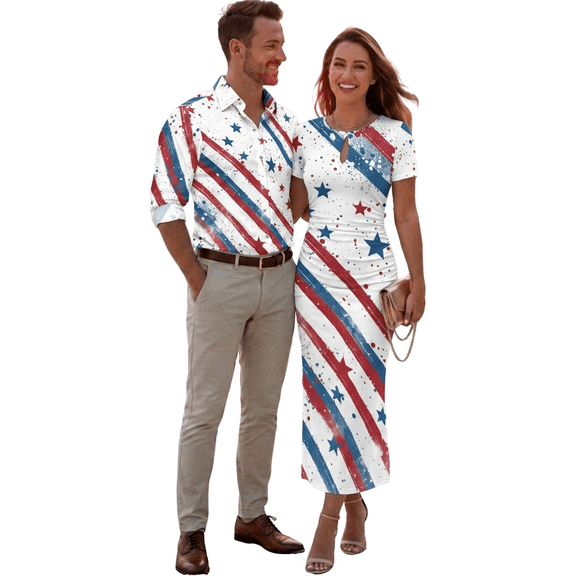 Chririnla American Flag Star Print Couple Clothes 4th of July Matching Outfit for Men Women Sexy Bodycon Dresses Mens Button Down T-shirts Couple Memorial Day Clothes for Going Out,S-3XL