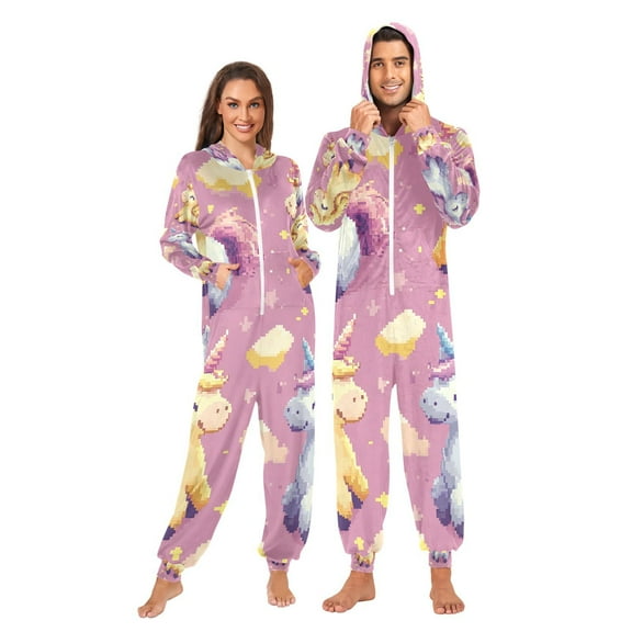 Pixel Cute Unicorns Adult Onesie Pajamas Slim Fit Christmas One Piece Suit Pjs for Women and Men Hooded Zipper