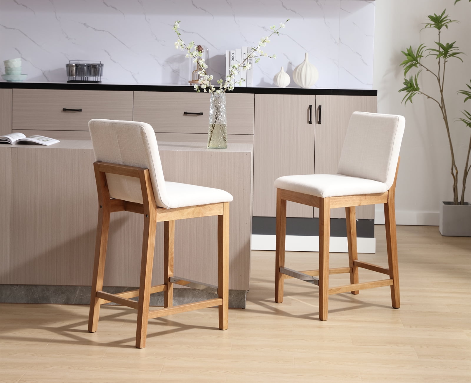 Guyou 26" Counter Height Bar Stools Set of 4, Modern Linen Upholstered Barstools, Rustic Farmhouse Wooden Kitchen Island Chairs with Backrest and Footrest for Dining Room Home Bar Patio Club, Beige
