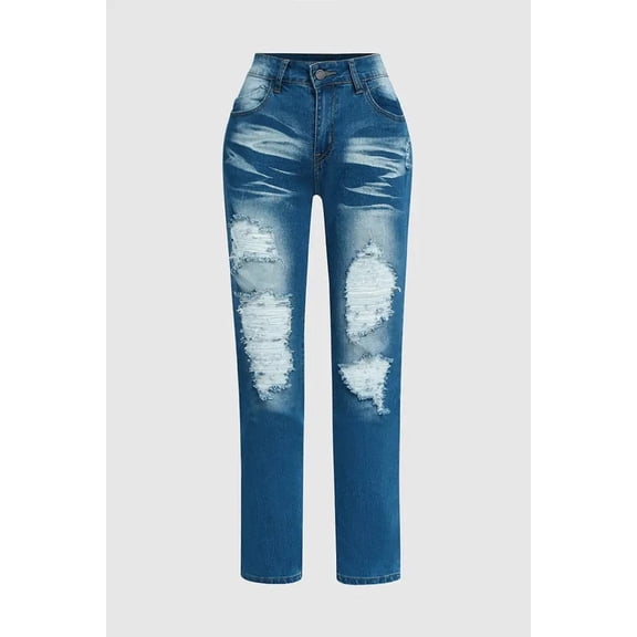 Women's Medium Wash Distressed Skinny Jeans, Mid Rise Ripped Slim Fit Denim Pants