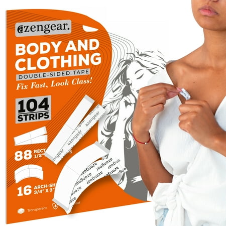 aZengear Double Sided Body Tape for Clothes, Hijab, Dress (104 Strip Pack) - Transparent, Clear, Strong Adhesion For All Skin Types and Fashion Clothing Fabrics