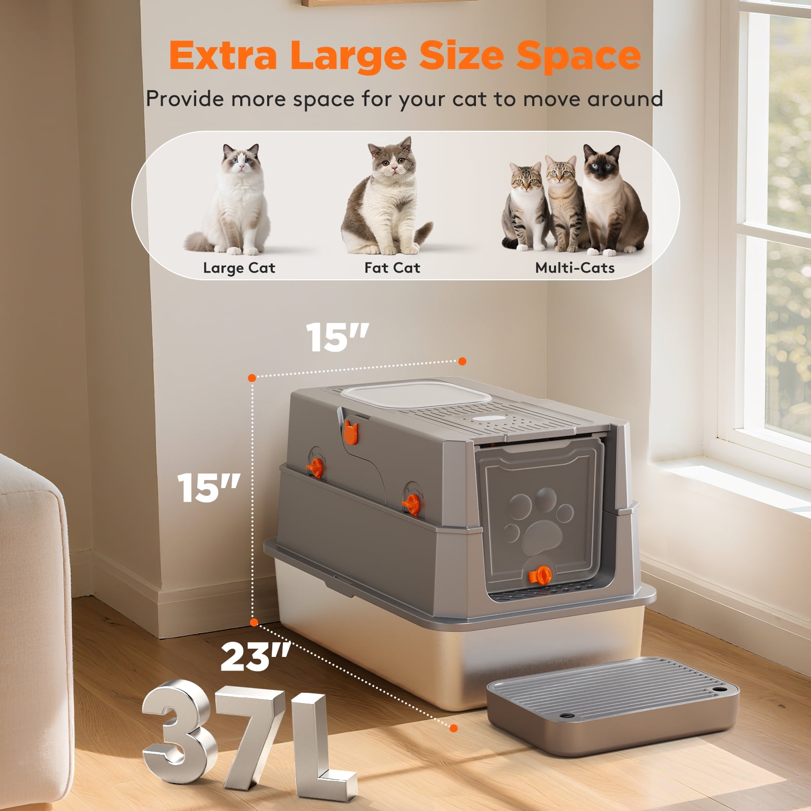 Stainless Steel Litter Box with Lid, Extra Large Enclosed Cat Litter Boxes for Big Cats Multiple, Metal Cat Litter Box with Mat, Dark Gray