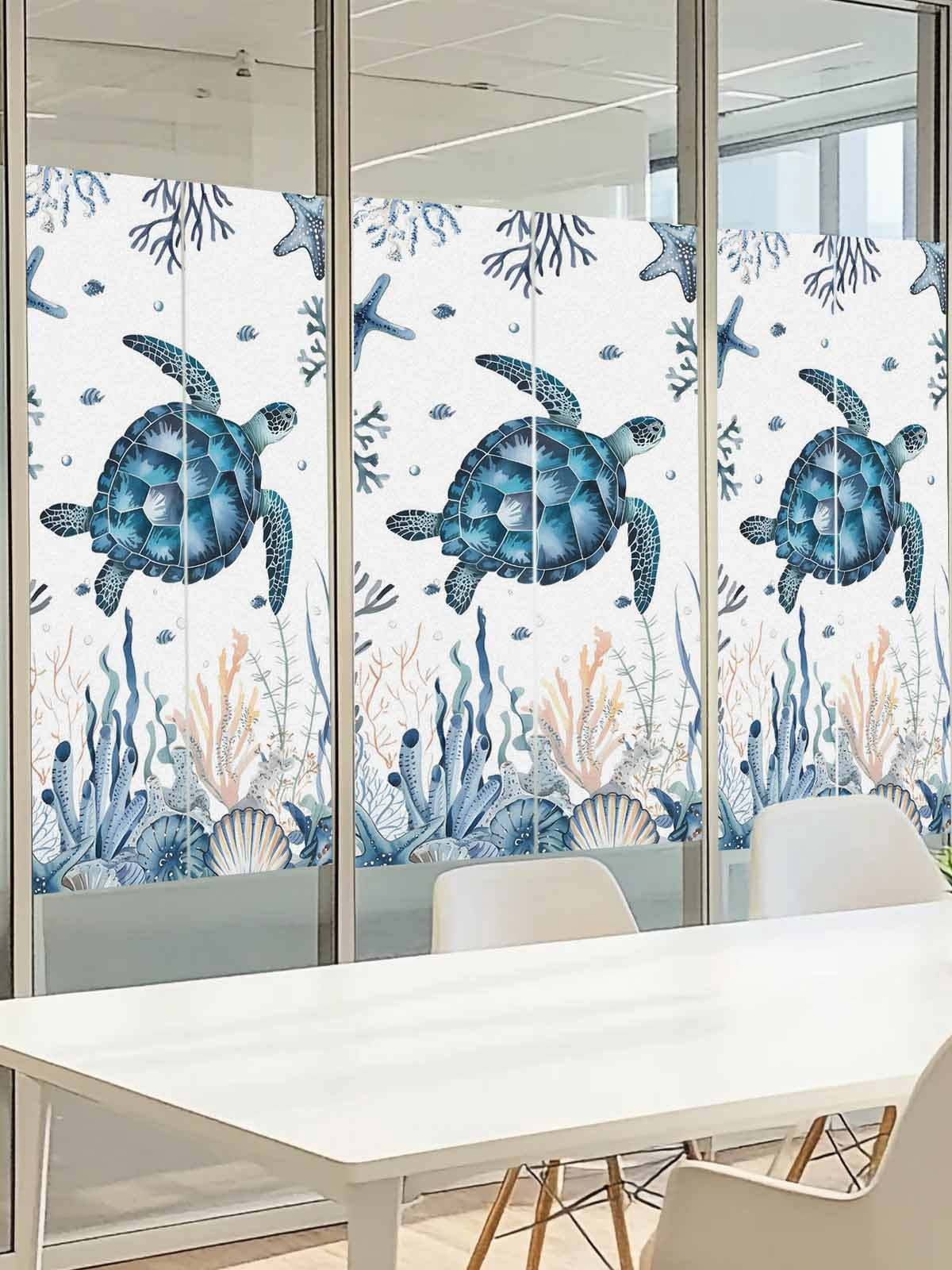 Sea Turtle Window Privacy Film, Ocean Coral Starfish Seagrass Frosted Glass Window Clings Static Cling UV Heat Blocking Reusable Door Sticker for Bathroom 23.6 x 59 Inch
