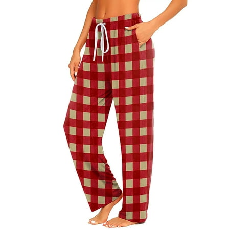 

Capreze Women Pj Bottoms Elastic Waist Sleepwear Plaid Pajama Pants Comfy Lounge Pant Wide Leg Trousers Red M