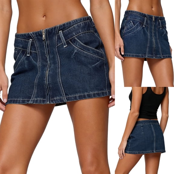 Jsaierl Women’s Dark Wash Denim Mini Skirt High Waist Jean Skirt with Front Zipper for Casual and Street Style
