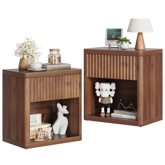 Set of 2 Nightstand with Opening Storage and Drawer, Wood Fluted Bedside Table for Bedroom Living Room, Walnut Brown