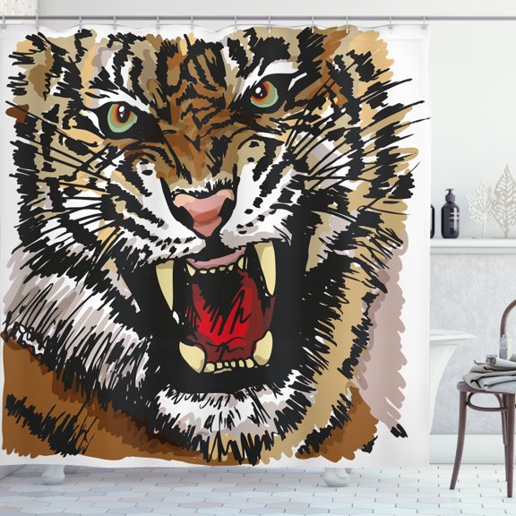 Ambesonne Tiger Shower Curtain, Angry Eyes Sketch Art, 69"Wx84"L, Multicolor