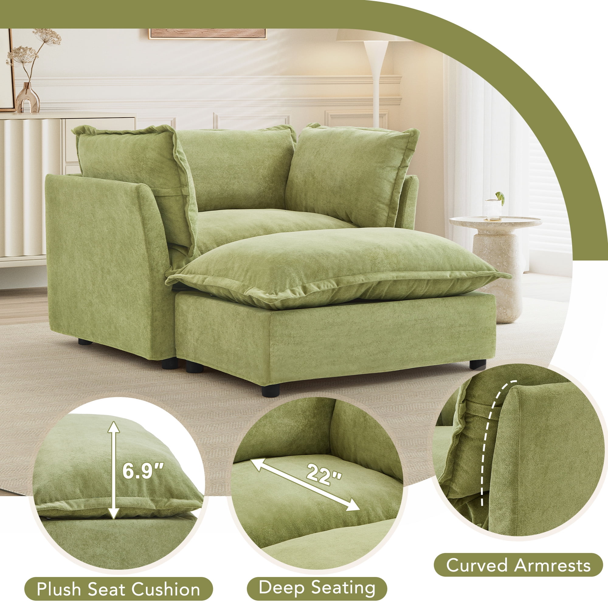 45.2" Armchair Sofa Cozy Upholstered Sofa Chair with Ottoman, 39" Wide Seat and 2 Pillows