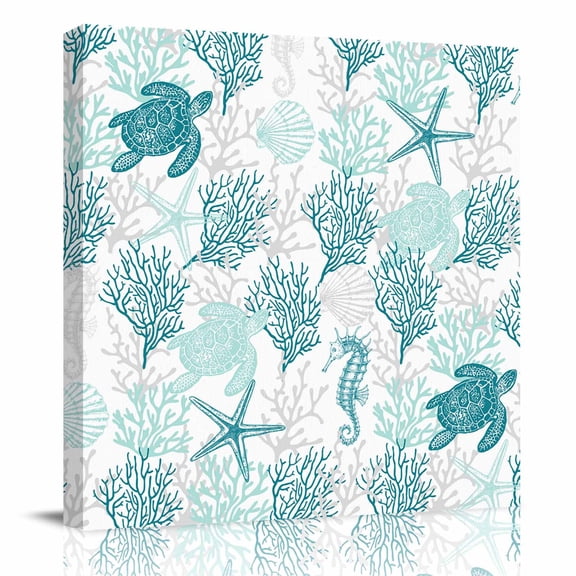Canvas Print Wall Art Oil Paintings Watercolor Teal Gray Coral Turtle Picture Prints Artwork for Living Room Kitchen Bathroom Bedroom